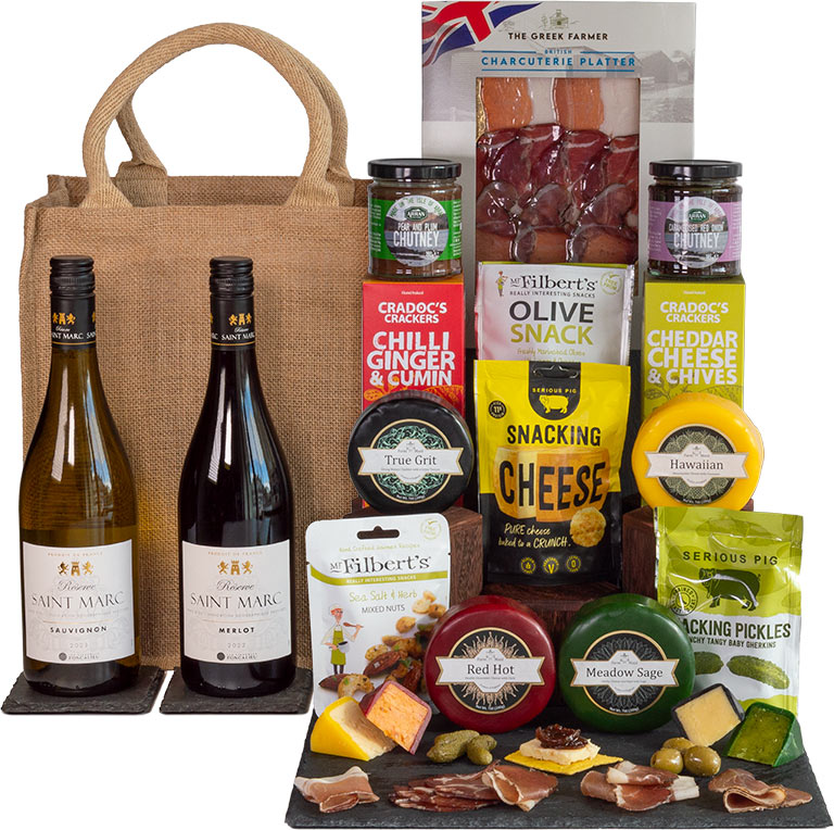 A delicious Wine and Cheese Charcuterie Hamper